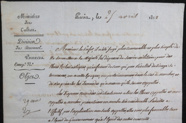 1812 Paris lettre Comte Bigot de Préameneu, élèves ecclésiastiques