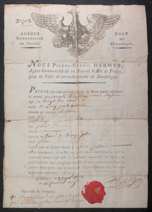 1801 Dunkerque passeport agent Commercial Majesté de Prusse pour marin