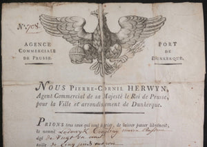 1801 Dunkerque passeport agent Commercial Majesté de Prusse pour marin