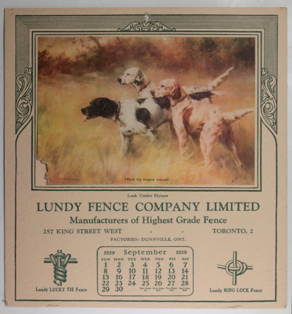 1929 Canada calendar Lundy Fences Toronto image hunting dogs