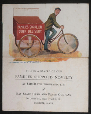 1901 USA novelty trade card man on tricycle, African-american child