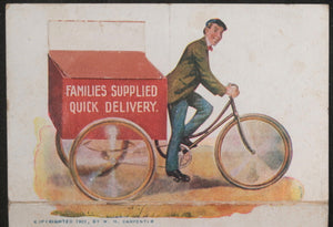 1901 USA novelty trade card man on tricycle, African-american child