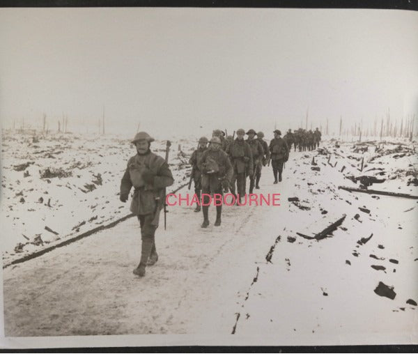 WW1 UK photo Manchester Regiment marching down winter road France