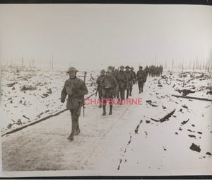 WW1 UK photo Manchester Regiment marching down winter road France