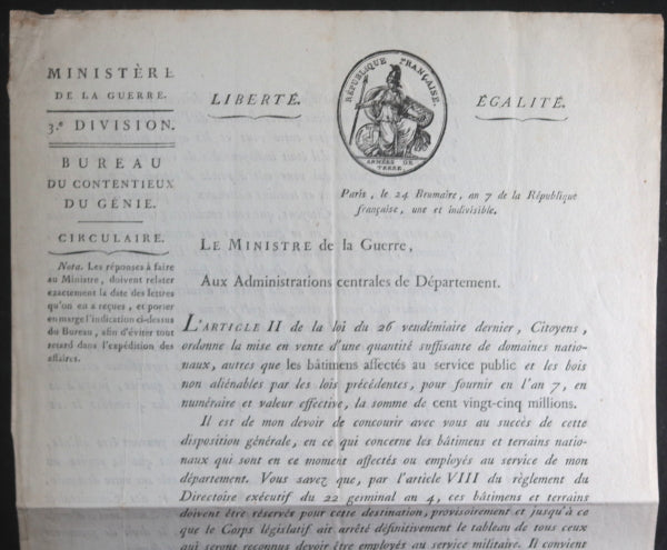 1798 Paris circulaire Ministère de la Guerre pour Liege, vente domaines nationaux