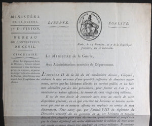 1798 Paris circulaire Ministère de la Guerre pour Liege, vente domaines nationaux