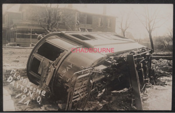 1913 USA photo postcard trolley car flipped during Dayton OH flood