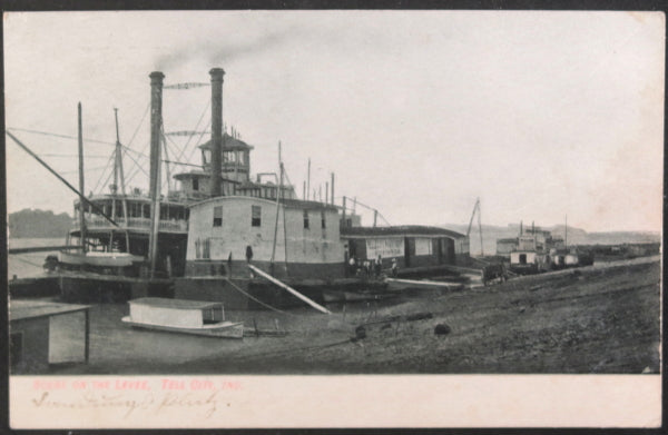 1907 USA postcard of steamboat docked at levee, Tell City Indiana