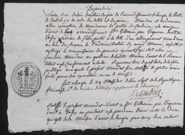 1799 France ordre d’arrestation Langres (Haute Marne)