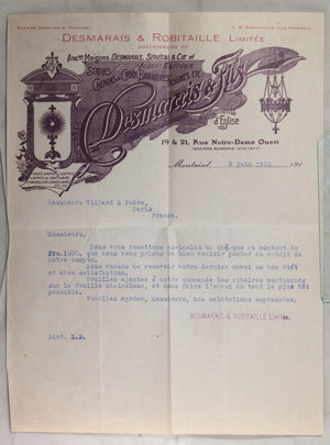 1910 Montréal, feuille avec en-tête ornements d'églises, croix, vases