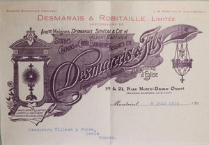 1910 Montréal, feuille avec en-tête ornements d'églises, croix, vases