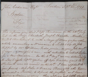 1799 letter London UK to Boston Merchant John Codman, ship seized