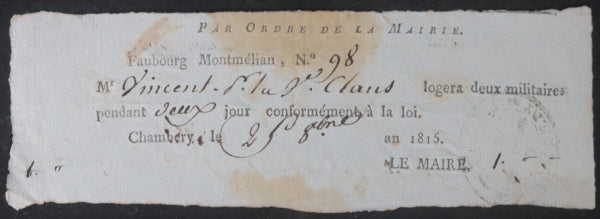 1815 France Chambéry logement pour 2 militaires (Allies)