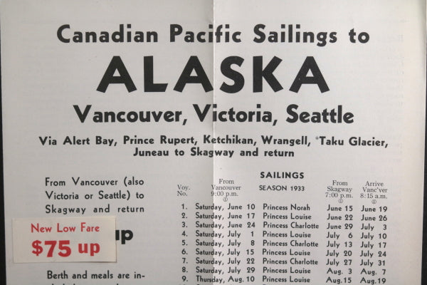 1933 Canada pamphlet ‘Canadian Pacific Sailings to Alaska’