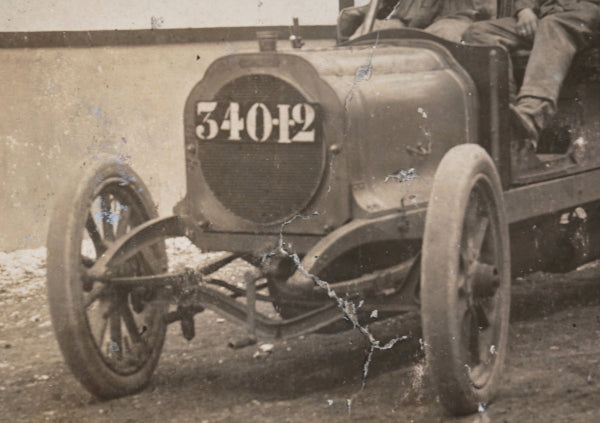 c. 1910s France postcard photo 2 men in early automobile