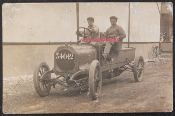 c. 1910s France postcard photo 2 men in early automobile