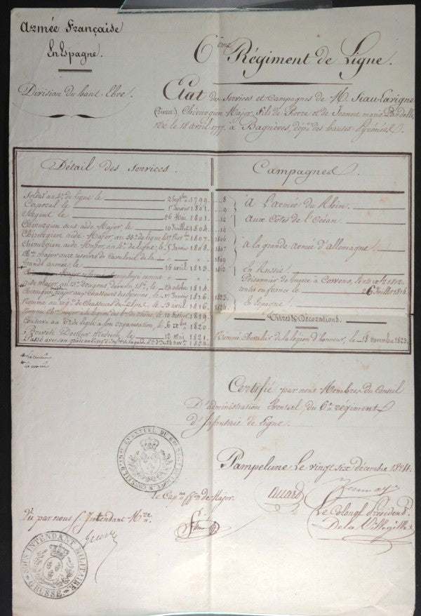 1824 Expédition d’Espagne état de Services chirurgien 6e Rgmt.