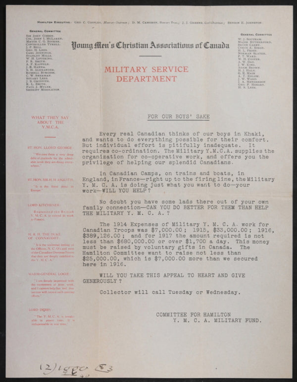1917 Canada WW1 fundraising for CEF troops by YMCA Hamilton ON