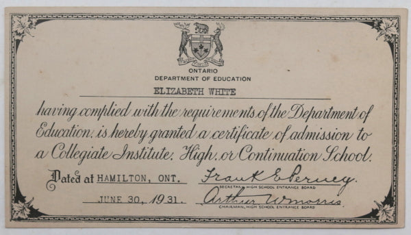 1931 /1944 Canada Hamilton ON 2 high school graduation certificates
