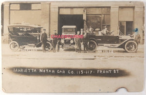 1918 USA photo postcard Marietta Ohio car dealer Ford Overland Haynes