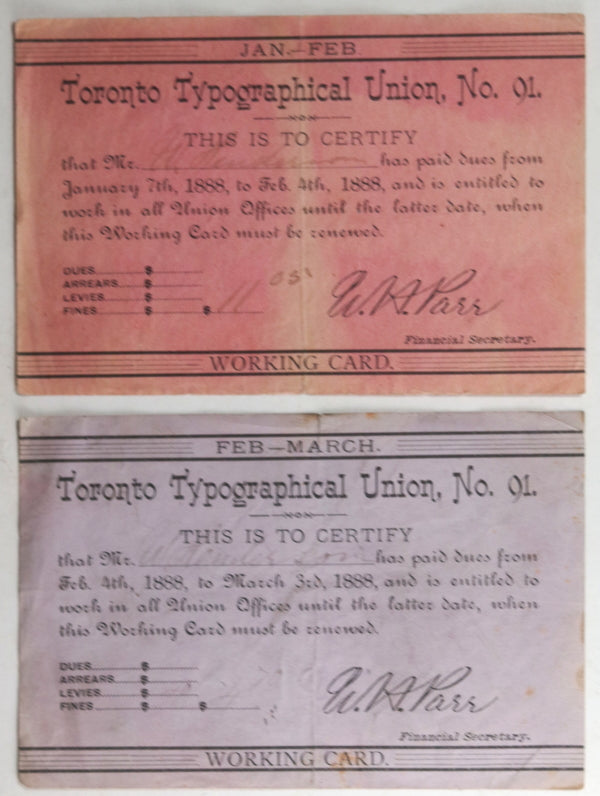 1888 Canada set of 4 Toronto Typographical Union dues cards