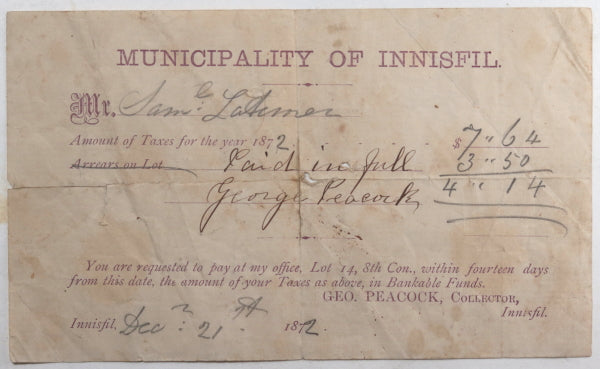 1872 Canada Innisfil Ontario receipt payment taxes Sam Latimer