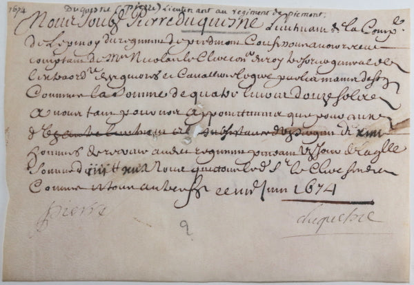 1674 quittance Pierre Duquesne lieutenant régiment de Piémont