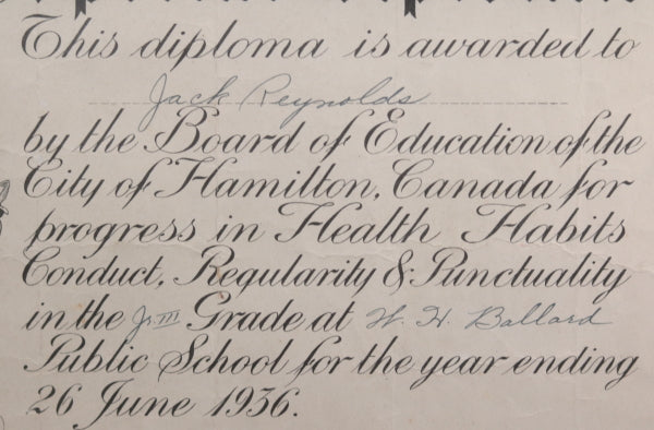 1936 Canada Hamilton ON Health Habits Diploma Public School