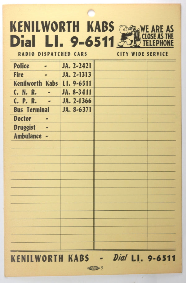 Canada Hamilton ON Kenilworth taxi phone contact card 1930s