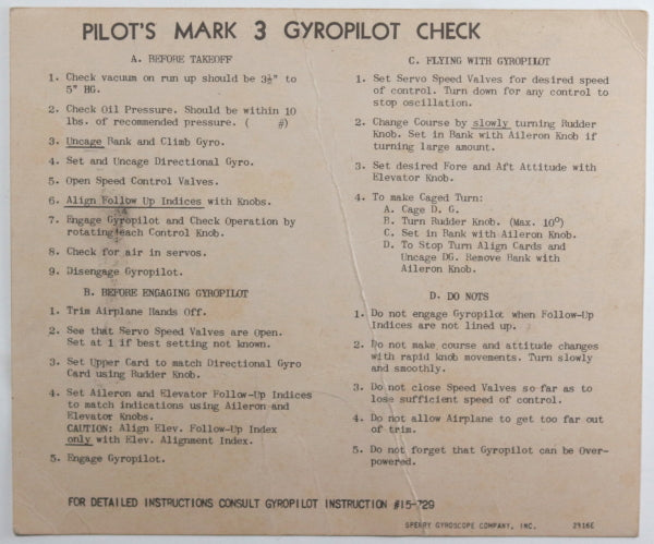 c. 1943 USA Aviation pamphlet Operating Bulletin Sperry Gyropilot