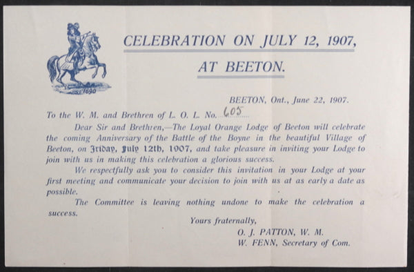 1907 Canada Beeton ON Orange Lodge commemoration 'Battle of the Boyne’ 