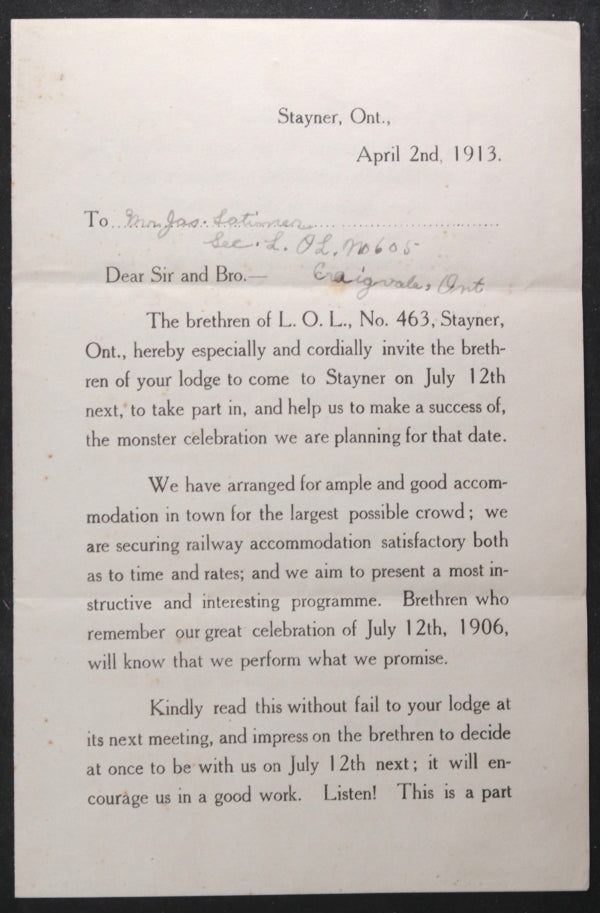 1913 Canada Stayner ON Orange Lodge commemoration 'Battle of the Boyne’