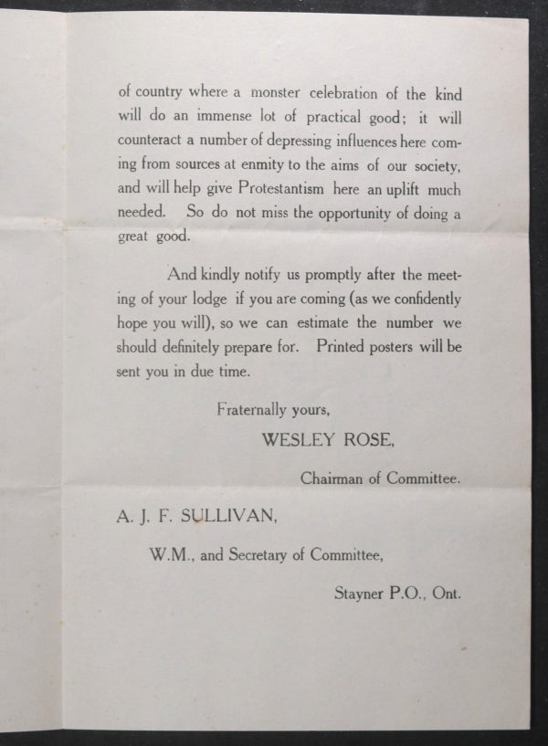 1913 Canada Stayner ON Orange Lodge commemoration 'Battle of the Boyne’
