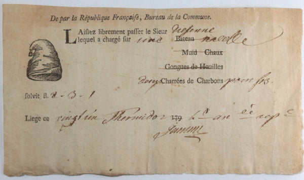 1798 Liege laissez-passer pour 2 charrées de charbon