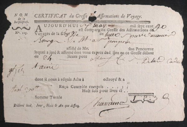 1720 France Limoges certificat du Greffe des Affirmations de Voyage
