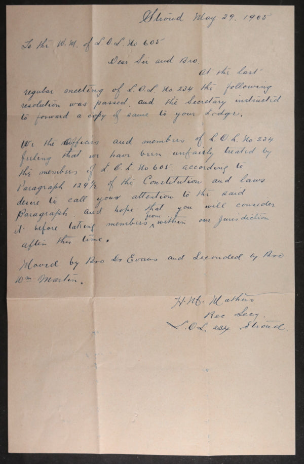 1905 Canada Stroud ON letter Loyal Orange Lodge, stealing members