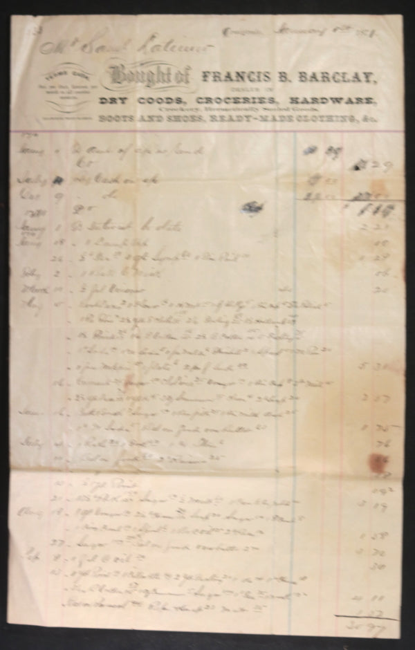 1871 Canada Craigvale Ontario long bill of sale dry goods groceries