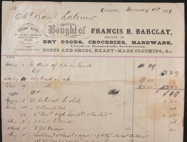 1871 Canada Craigvale Ontario long bill of sale dry goods groceries