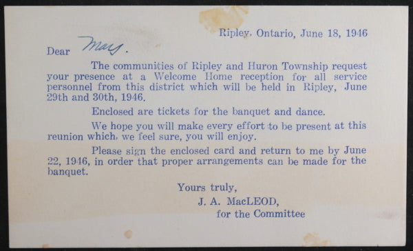 1946 Canada Ripley ON ‘Welcome Home reception’ WW2 Service Members