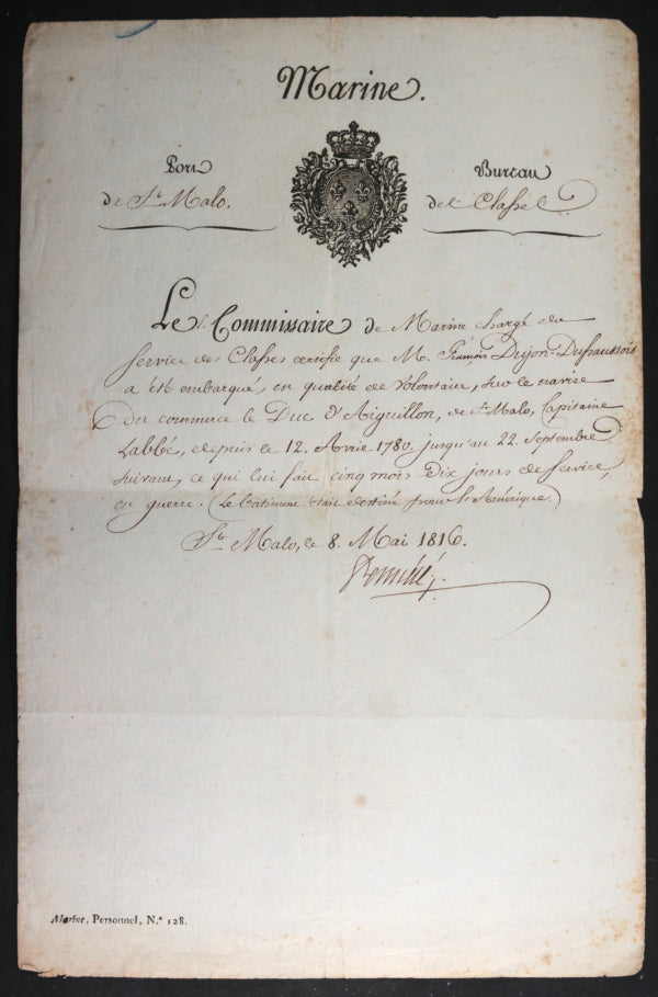 1816 France St Malo certificat de service marin sur ‘Duc d’Aiguillon’