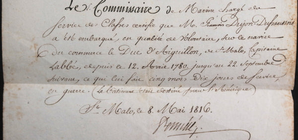 1816 France St Malo certificat de service marin sur ‘Duc d’Aiguillon’
