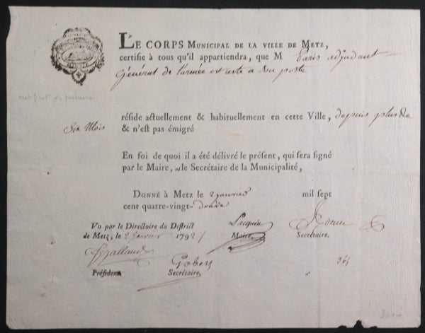 1792 Metz certificat de résidence Adj. Général Paris d’Illins