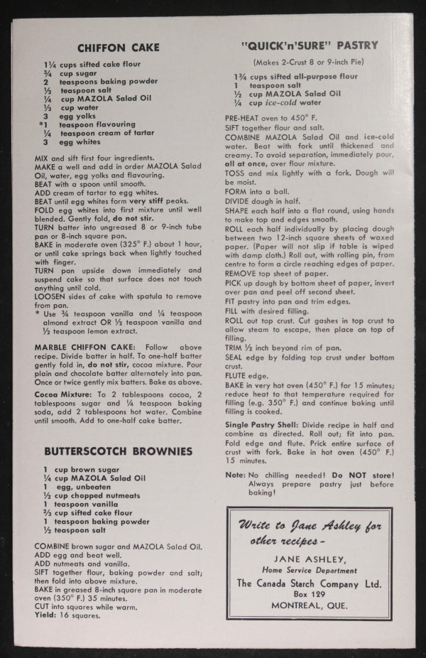 c. 1960 Canada 'Jane Ashley's Recipe Magic'