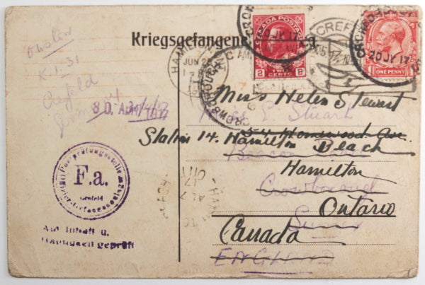 1917 WW1 Canadian POW postcard: Crefeld Camp Germany – UK – Canada