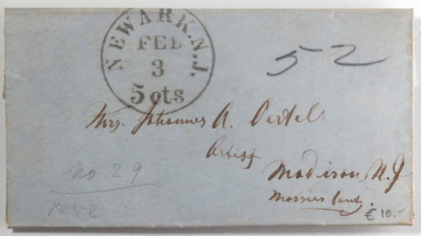 1852 USA Newark NJ letter from artist Johannes Ortel