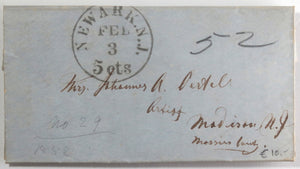 1852 USA Newark NJ letter from artist Johannes Ortel