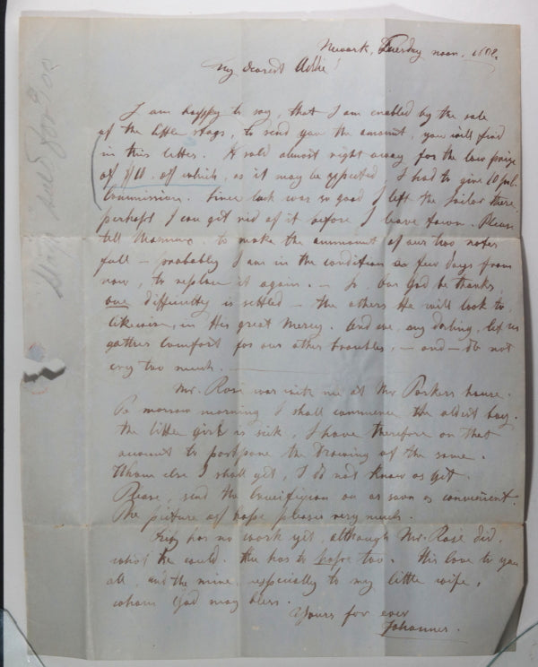 1852 USA Newark NJ letter from artist Johannes Ortel