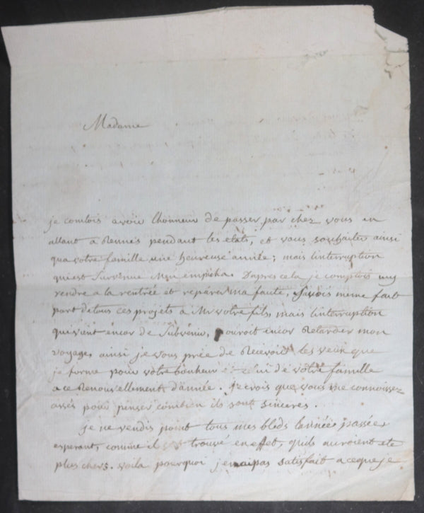 1789 France lettre à Madame de Bênazê (Bretagne), rêcoltes de blê