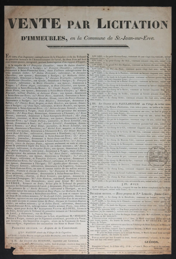 1834 France St. Jean-sur-Evre affichette Vente par Licitation