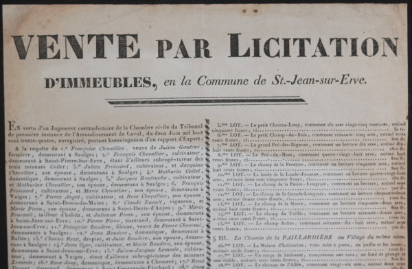 1834 France St. Jean-sur-Evre affichette Vente par Licitation